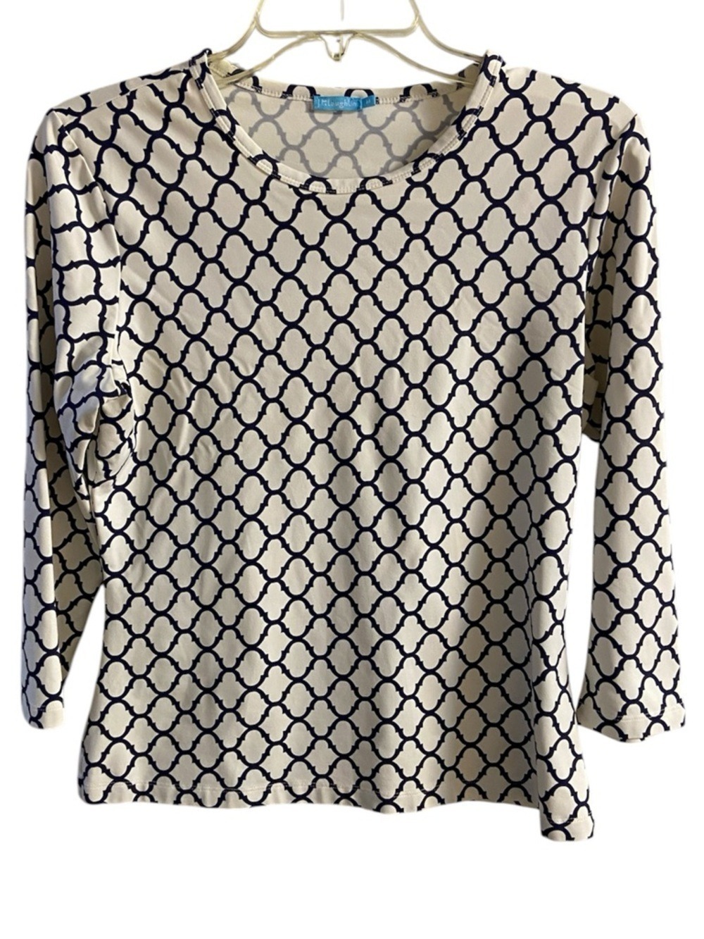 J. McLaughlin white Long-Sleeve Top with Navy Geometric Print Medium